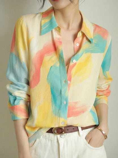 YUXIN Women's Satin Watercolor Blush Print Collared Shirt, Loose Long Sleeve Lightweight Breathable Top Yellow