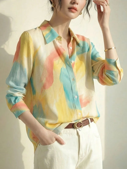 YUXIN Women's Satin Watercolor Blush Print Collared Shirt, Loose Long Sleeve Lightweight Breathable Top Yellow