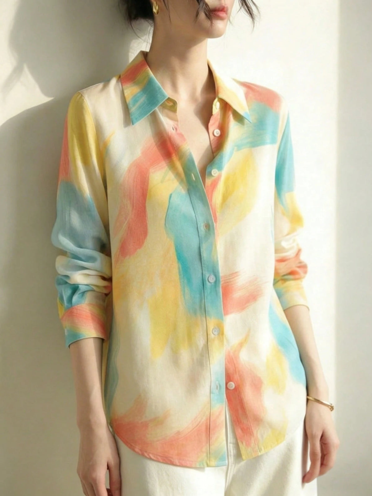 YUXIN Women's Satin Watercolor Blush Print Collared Shirt, Loose Long Sleeve Lightweight Breathable Top Yellow