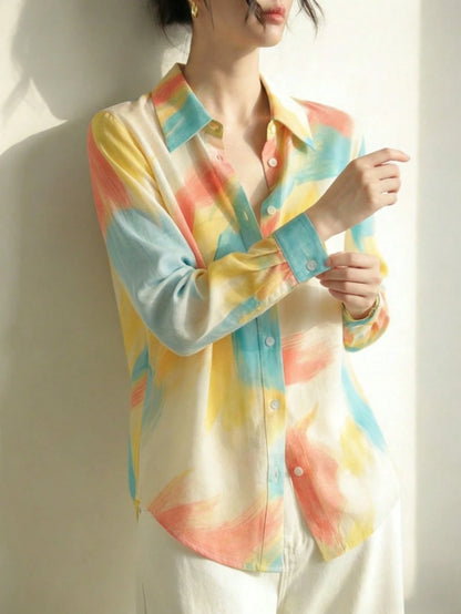 YUXIN Women's Satin Watercolor Blush Print Collared Shirt, Loose Long Sleeve Lightweight Breathable Top Yellow