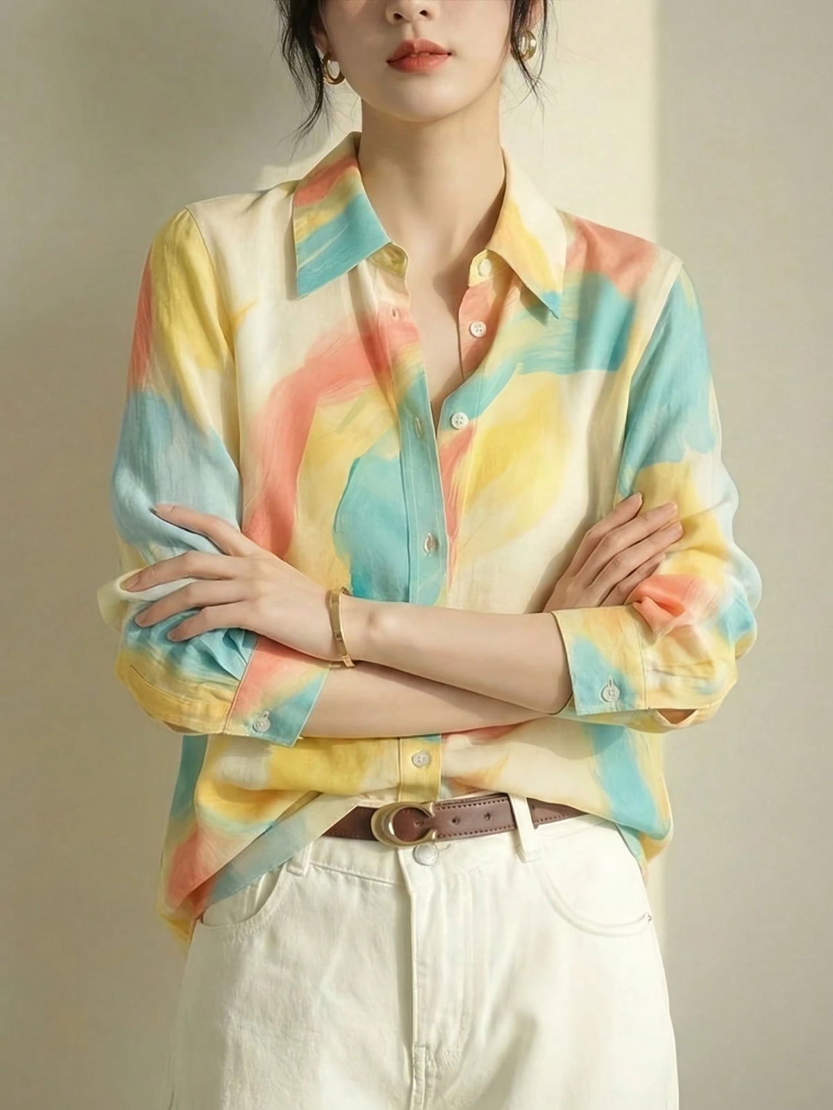 YUXIN Women's Satin Watercolor Blush Print Collared Shirt, Loose Long Sleeve Lightweight Breathable Top Yellow