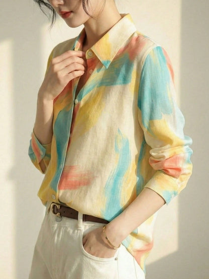 YUXIN Women's Satin Watercolor Blush Print Collared Shirt, Loose Long Sleeve Lightweight Breathable Top Yellow