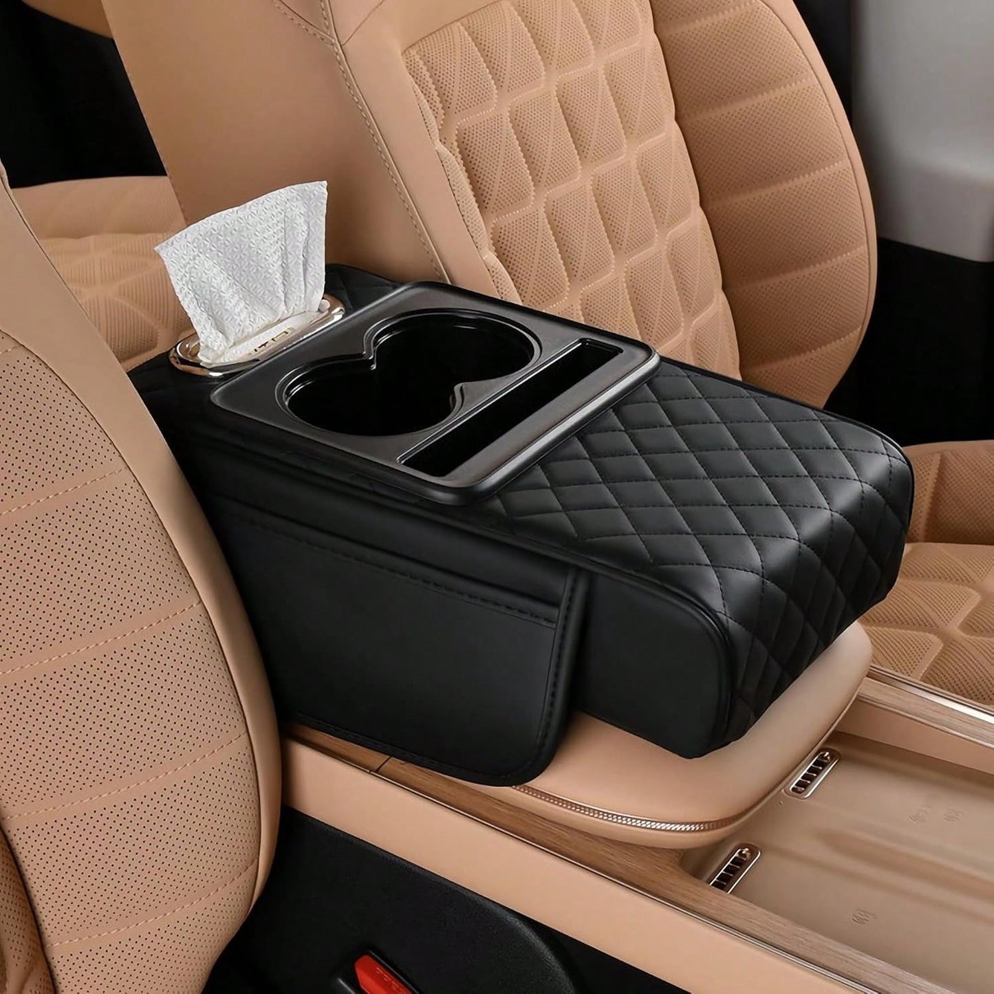 ZBEZBE Car Armrest Cushion- Multifunctional Faux Leather Armrest Cushion With Cup Holder, Phone Storage, And Ergonomic Design For All Seasons
