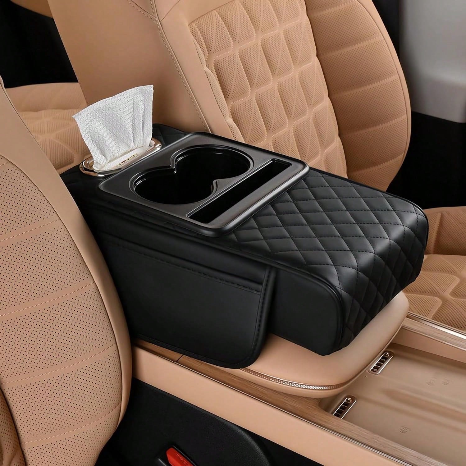 ZBEZBE Car Armrest Cushion- Multifunctional Faux Leather Armrest Cushion With Cup Holder, Phone Storage, And Ergonomic Design For All Seasons