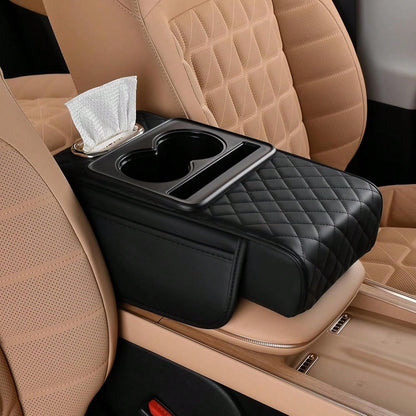 ZBEZBE Car Armrest Cushion- Multifunctional Faux Leather Armrest Cushion With Cup Holder, Phone Storage, And Ergonomic Design For All Seasons