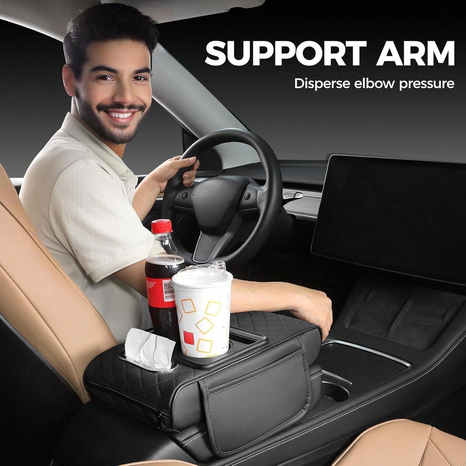 ZBEZBE Car Armrest Cushion- Multifunctional Faux Leather Armrest Cushion With Cup Holder, Phone Storage, And Ergonomic Design For All Seasons