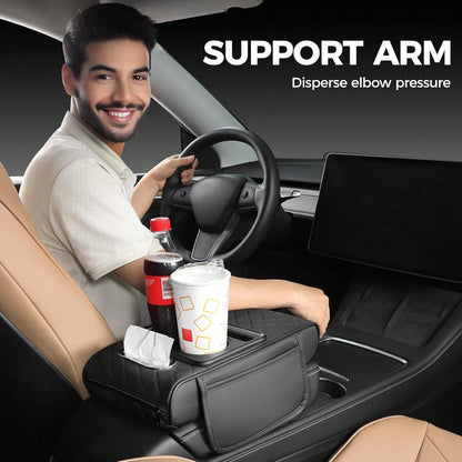 ZBEZBE Car Armrest Cushion- Multifunctional Faux Leather Armrest Cushion With Cup Holder, Phone Storage, And Ergonomic Design For All Seasons
