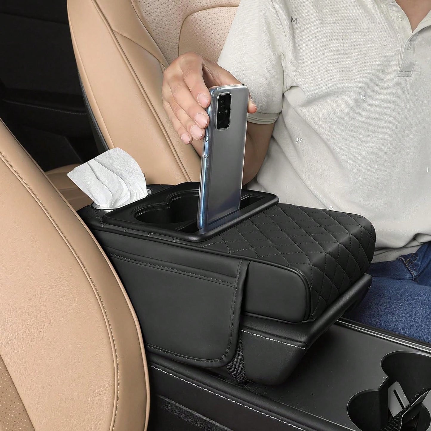 ZBEZBE Car Armrest Cushion- Multifunctional Faux Leather Armrest Cushion With Cup Holder, Phone Storage, And Ergonomic Design For All Seasons