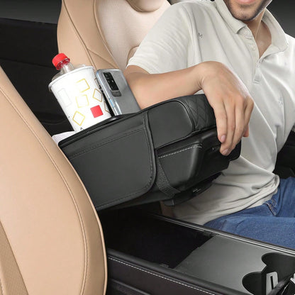 ZBEZBE Car Armrest Cushion- Multifunctional Faux Leather Armrest Cushion With Cup Holder, Phone Storage, And Ergonomic Design For All Seasons