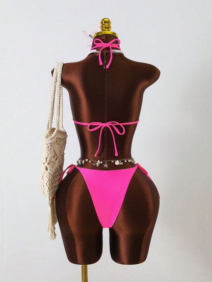 Zestiva 3-Piece Set,Pink And White Striped,Summer,Casual,Beach,Holiday,Vacation,Holiday,Floral Camisole,Bra&Side Tie Bikini Bottoms, Tank Suit,Y2K