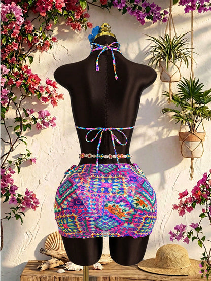 Zestiva Women's 3-Piece Swimsuit Set, Floral Print Halter Neck Tie Backless Mesh Patchwork Summer Holiday Vacation Beach Outfit