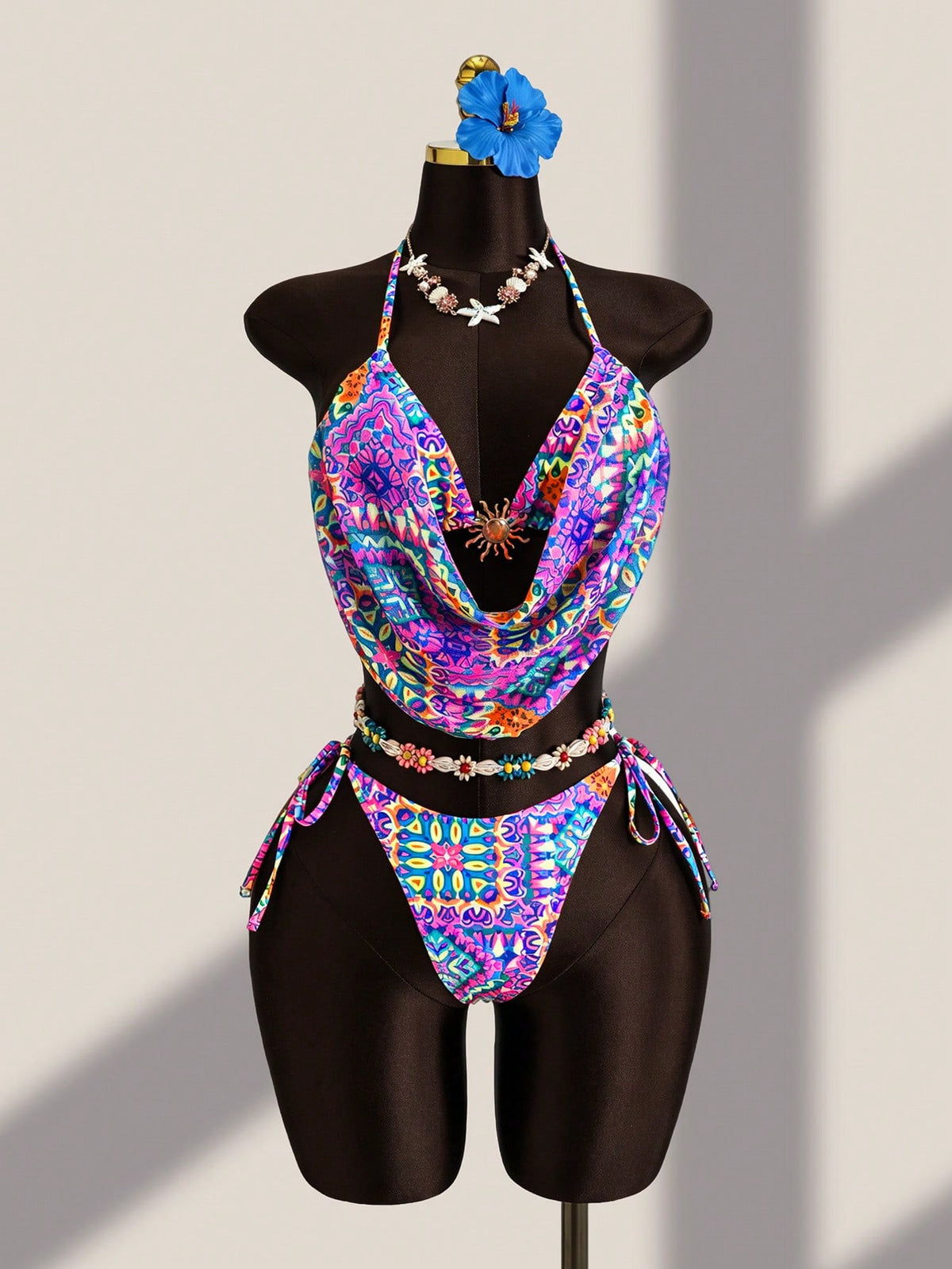 Zestiva Women's 3-Piece Swimsuit Set, Floral Print Halter Neck Tie Backless Mesh Patchwork Summer Holiday Vacation Beach Outfit