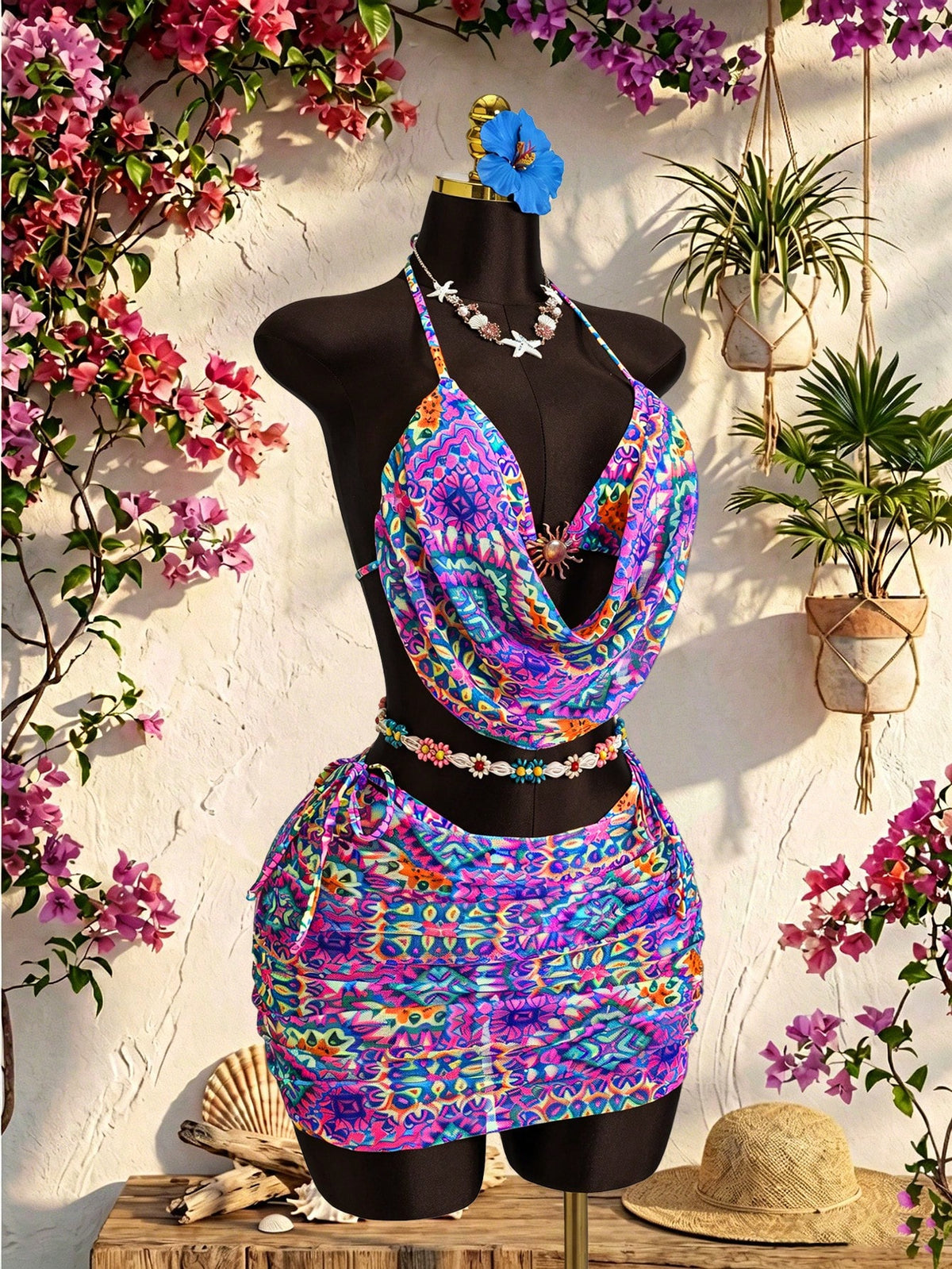 Zestiva Women's 3-Piece Swimsuit Set, Floral Print Halter Neck Tie Backless Mesh Patchwork Summer Holiday Vacation Beach Outfit
