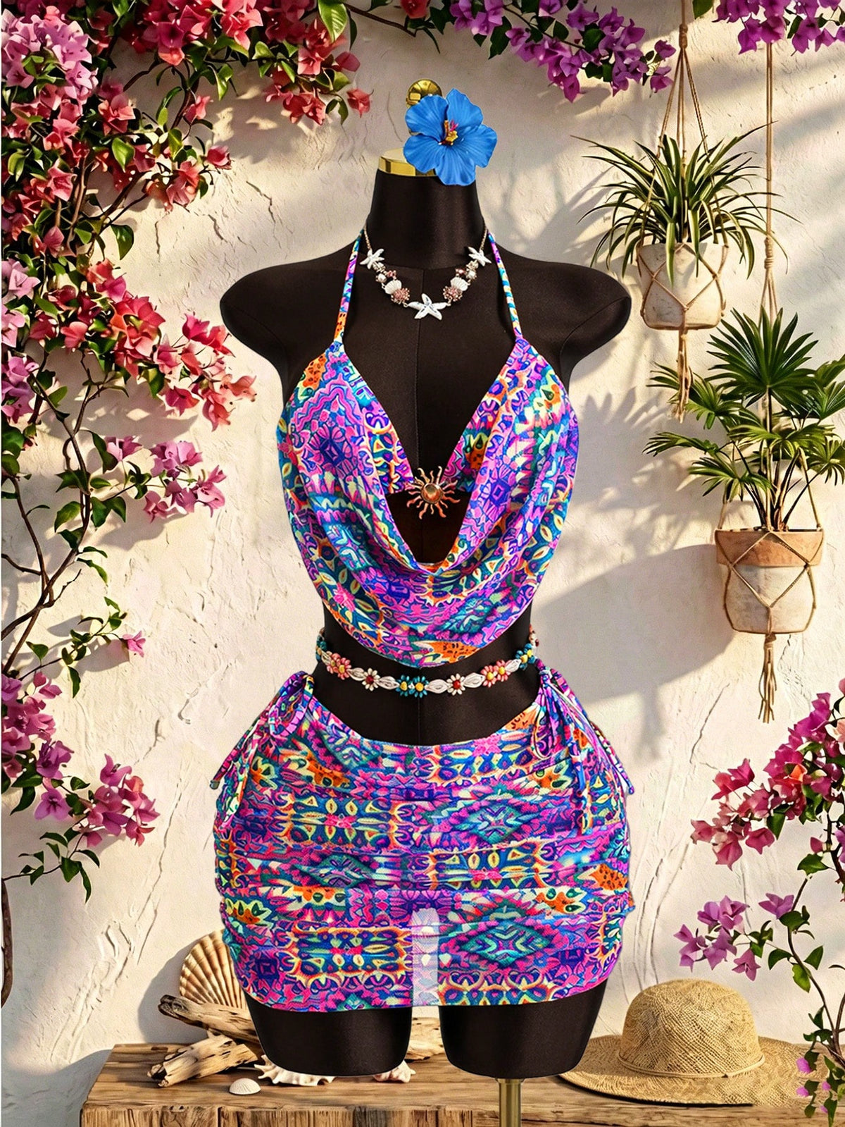 Zestiva Women's 3-Piece Swimsuit Set, Floral Print Halter Neck Tie Backless Mesh Patchwork Summer Holiday Vacation Beach Outfit