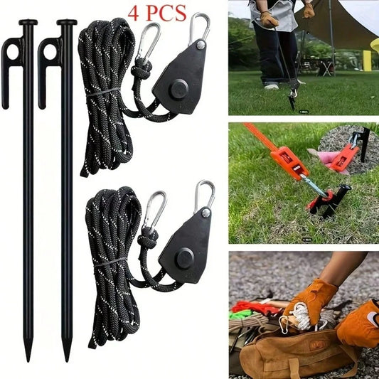 ZHUANGLEI 4 Packs Camping Tent Stakes Set Reflective Guyline Rope With Pulley Tightener For Canopy Awning