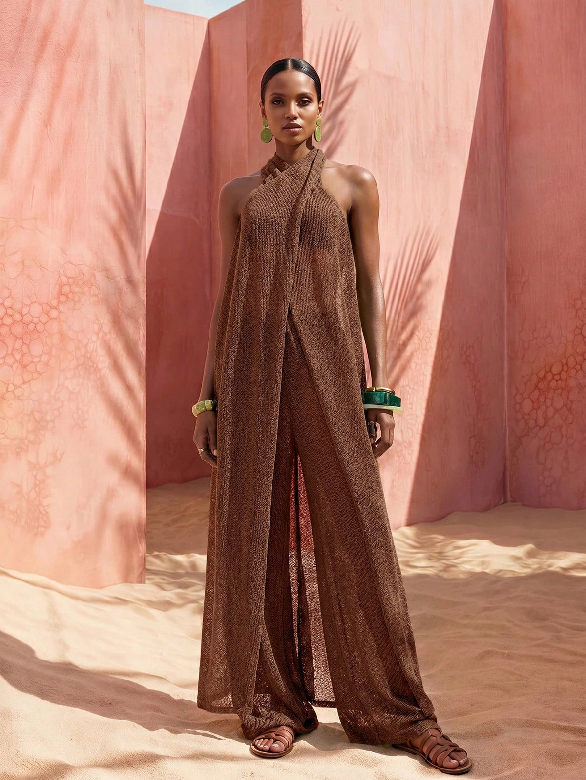Zivah 2026 Latest Casual Vacation Elegant Halter Neck Long Dress + Long Wide Leg Pants Cover-Up Set, Women's Beach Vacation Two Pieces Set