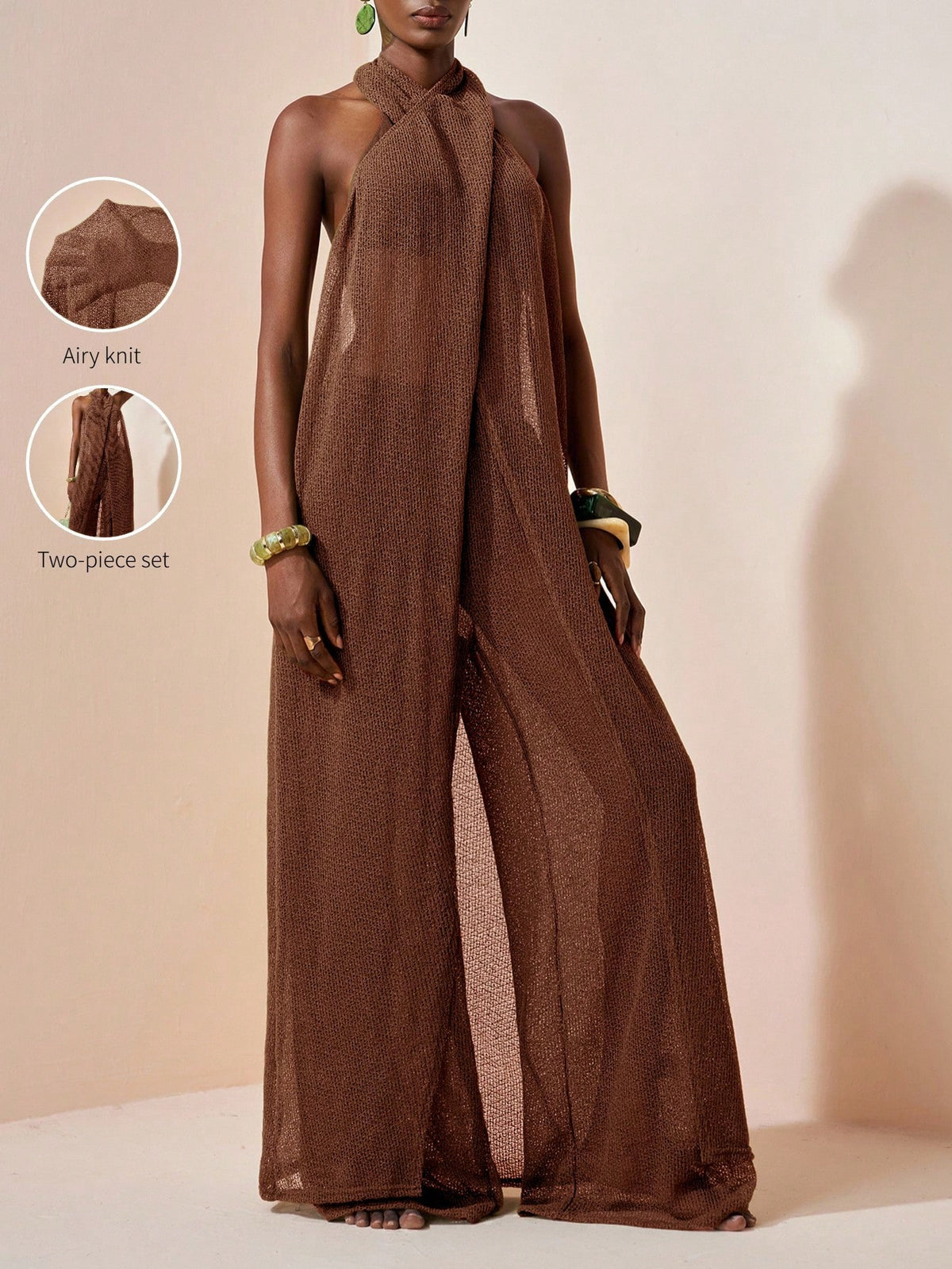 Zivah 2026 Latest Casual Vacation Elegant Halter Neck Long Dress + Long Wide Leg Pants Cover-Up Set, Women's Beach Vacation Two Pieces Set