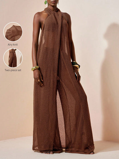 Zivah 2026 Latest Casual Vacation Elegant Halter Neck Long Dress + Long Wide Leg Pants Cover-Up Set, Women's Beach Vacation Two Pieces Set