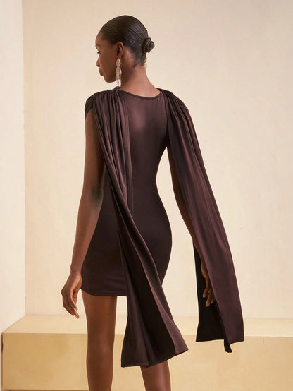 Zivah Elegant Lady Party Birthday Bar Clubbing Date Sisterly Gathering Cape Collar Mini Brown Dress For Women