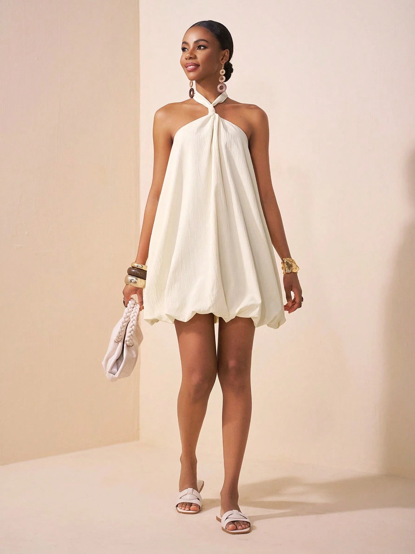 Zivah Elegant Sexy Tropical Jamaican Beige Summer Halter Neck Backless Dress,Wrinkled Linen Fabric Flower Bud Skirt Short A-Line For Holiday Party Vacation