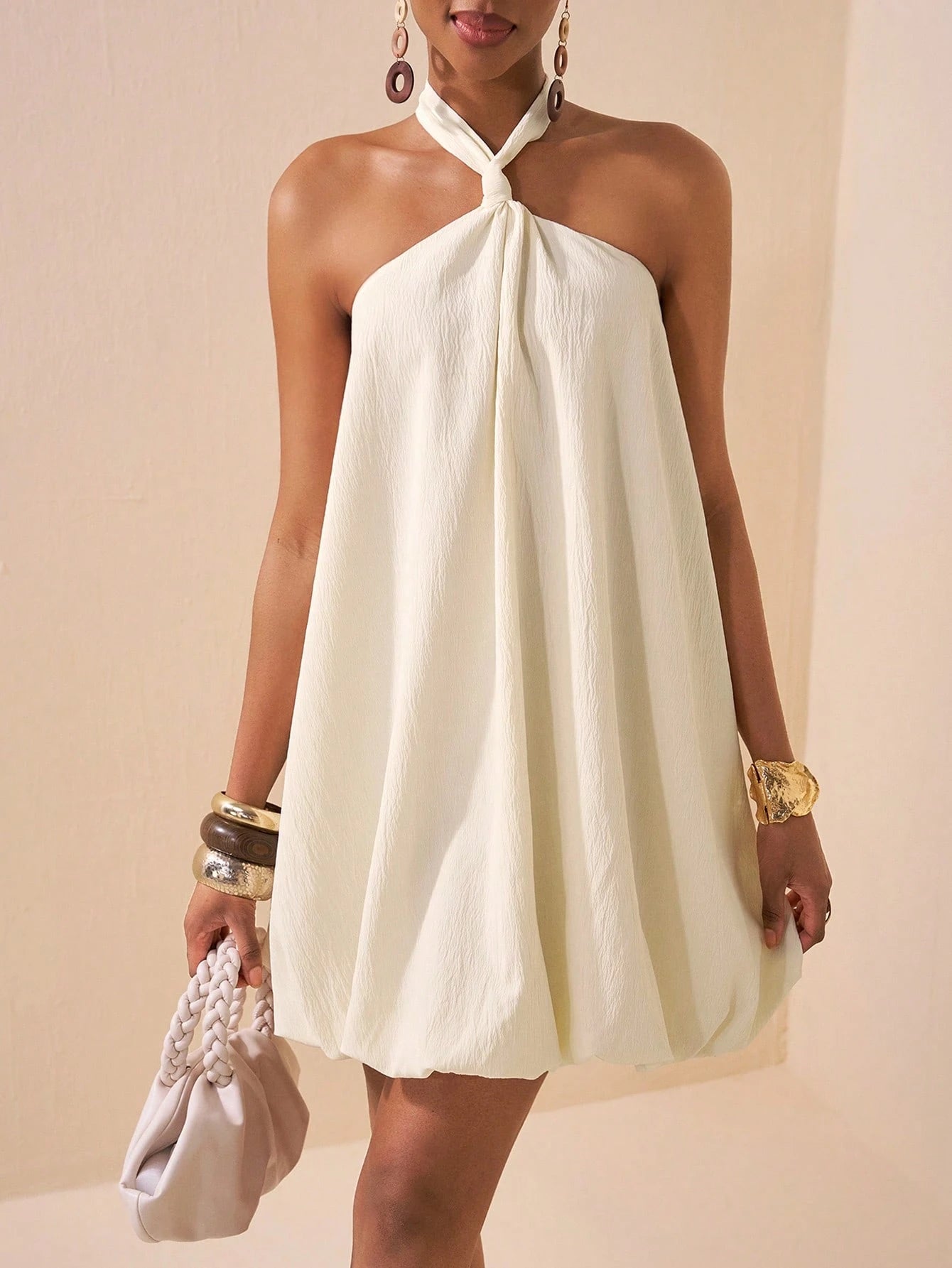 Zivah Elegant Sexy Tropical Jamaican Beige Summer Halter Neck Backless Dress,Wrinkled Linen Fabric Flower Bud Skirt Short A-Line For Holiday Party Vacation