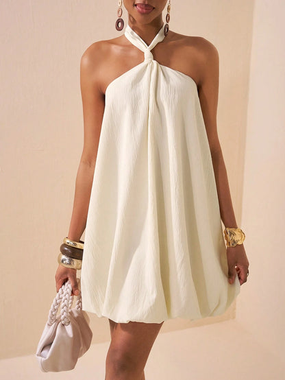Zivah Elegant Sexy Tropical Jamaican Beige Summer Halter Neck Backless Dress,Wrinkled Linen Fabric Flower Bud Skirt Short A-Line For Holiday Party Vacation